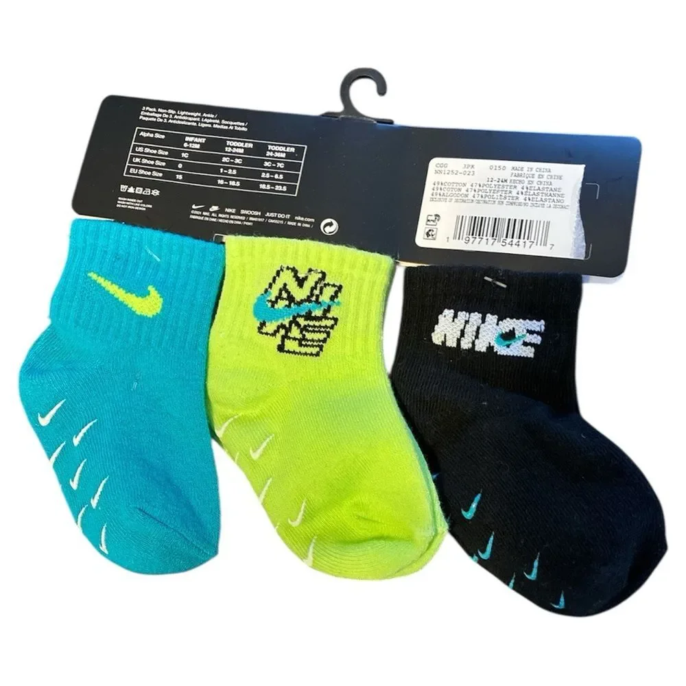 Nike Baby Socks 3-Pack - Black, Neon Green, Blue size 12-24 Months new
